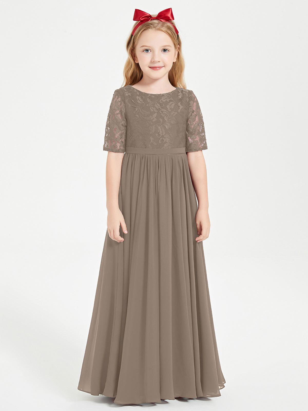 Lace Top Half Sleeved Junior Bridesmaids Dresses Taupe